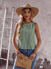 EMERY ROSE Áo nữ không tay cổ tròn màu trơn, xẻ tà, thiết kế tối giản, thích hợp cho mùa hè. - màu xanh lá - Xem 4