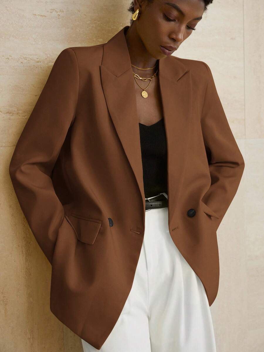 Aveloria Modichic Women's Business Style Solid Color Double-Breasted Blazer Jacket For Commuting, Autumn  - Coffee Brown - View 1