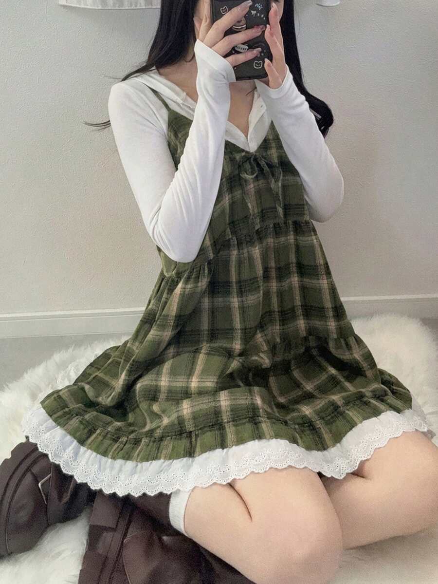 FRIFUL Women's Plaid Strap Patchwork Embroidered Cotton Fabric Front Bow Decor Casual Loose Versatile Tank Top, Autumn/Winter Summer - Green - View 1