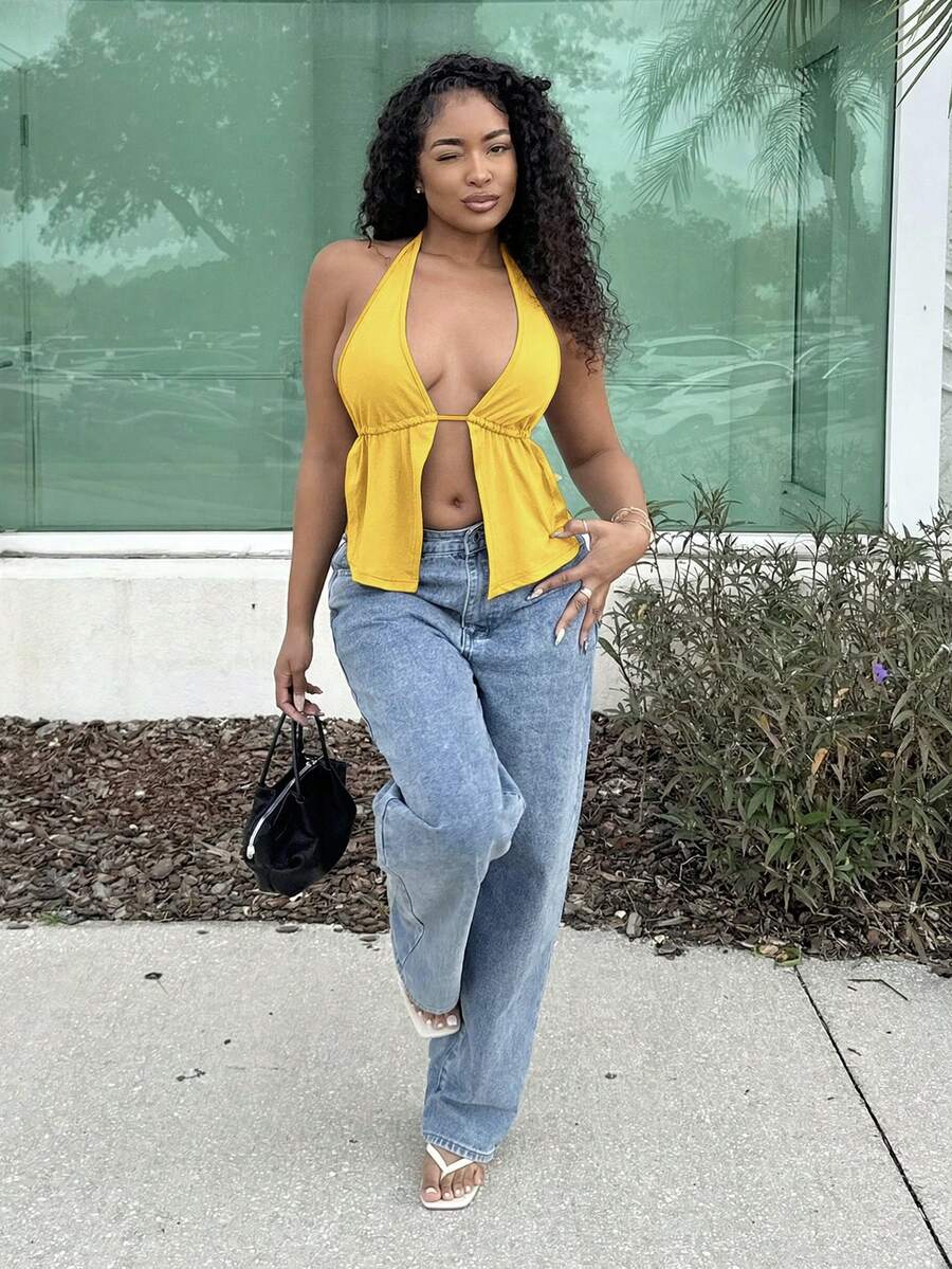 Alexandranx Summer Front Slit, Backless, Knotted Halterneck Black Top Yellow - Yellow - View 1