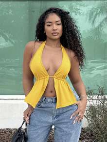 Alexandranx Summer Front Slit, Backless, Knotted Halterneck Black Top Yellow - Yellow - View 4