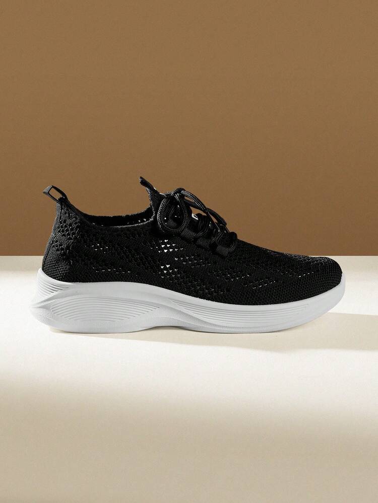 CUCCOO EASI Women's Lace-Up Knitted Breathable Small Round Toe Thick Flat-Bottomed Casual Sneakers Comfortable And Simple Black Knitted Casual Sneakers Daily Outdoor Commuting