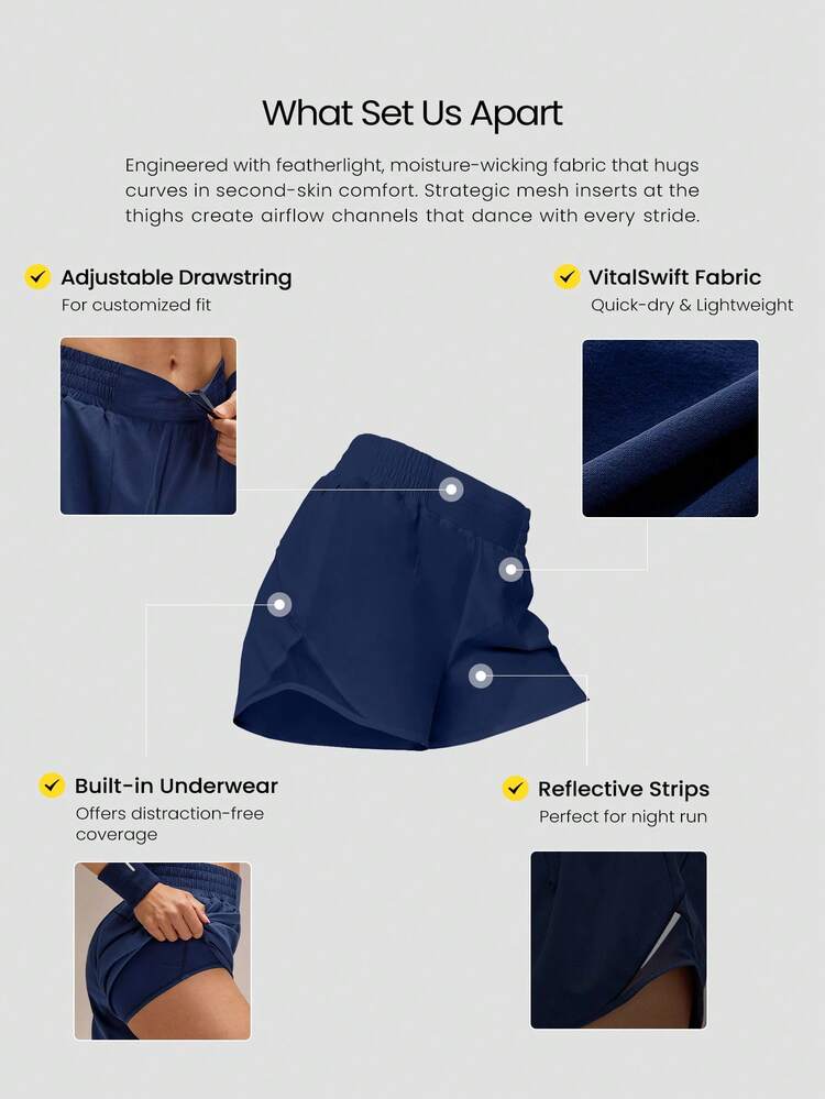 4" Pantalones cortos de running VitalSwift de cintura media con cordón, ultraligeros y de secado rápido, con reflectantes, bolsillo con cremallera y ropa interior antiolor incorporada para entrenamiento de alto impacto
