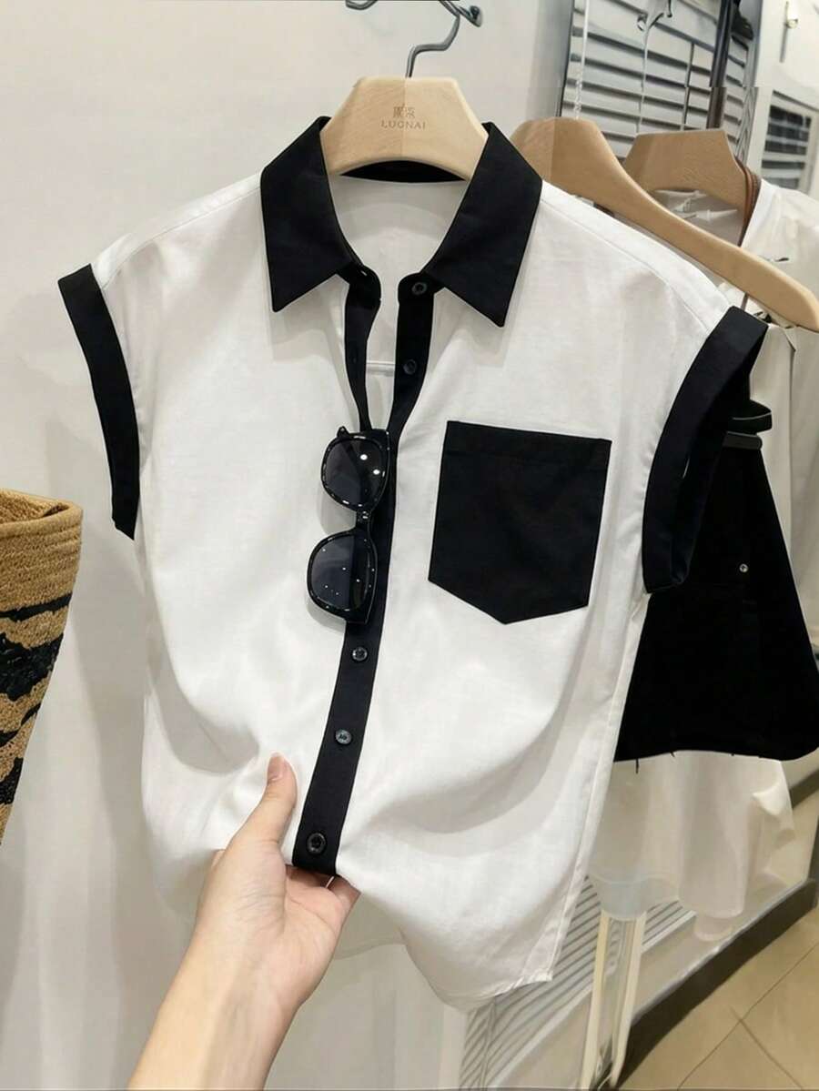 Resyla Áo sơ mi nữ màu xanh dương tay raglan có túi, kiểu dáng thường ngày, thích hợp cho công sở, mùa xuân/hè. - Đen và trắng - Xem 1