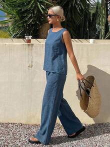 DAZY 女士纯色上衣和阔腿裤休闲两件套 - 藍色 - 查看 4