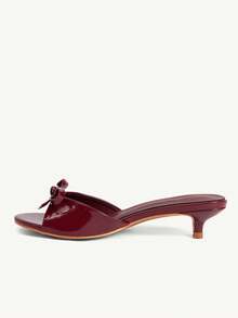 CUCCOO CHICEST Women Shoes Pink Bow Design Elements Fashion Comfortable Kitten And Slippers Summer Shoes - Burgundy wrinkle mirror - View 3