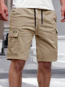 Manfinity Homme Men's Solid Color Elastic Waist Drawstring Pocket Cargo Shorts - Khaki - View 4