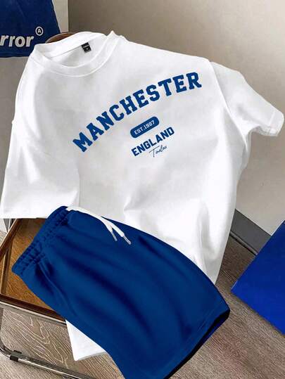 Manfinity Joysei Men's Fitted Knit Top And Woven Shorts Set, Casual Minimalist Pattern, With Drawstring And Elastic Waist