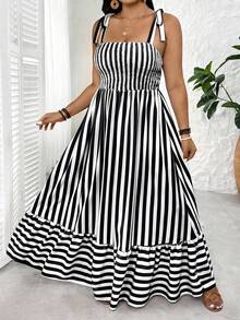 SHEIN Tall CURVE 大码条纹束腰长款系带无袖连衣裙，夏季 - 黑色 - 查看 6