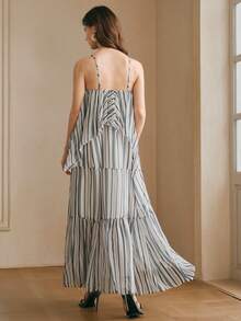 Anewsta Women's Loose Striped Spaghetti Strap Patchwork Ruffle Hem Dress, Vacation Beach Style, Spring/Summer - Blue and White - View 5