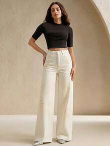 Anewsta Women's Casual Commuter Rhinestone Decor Loose Wide-Leg Jeans - White - View 5