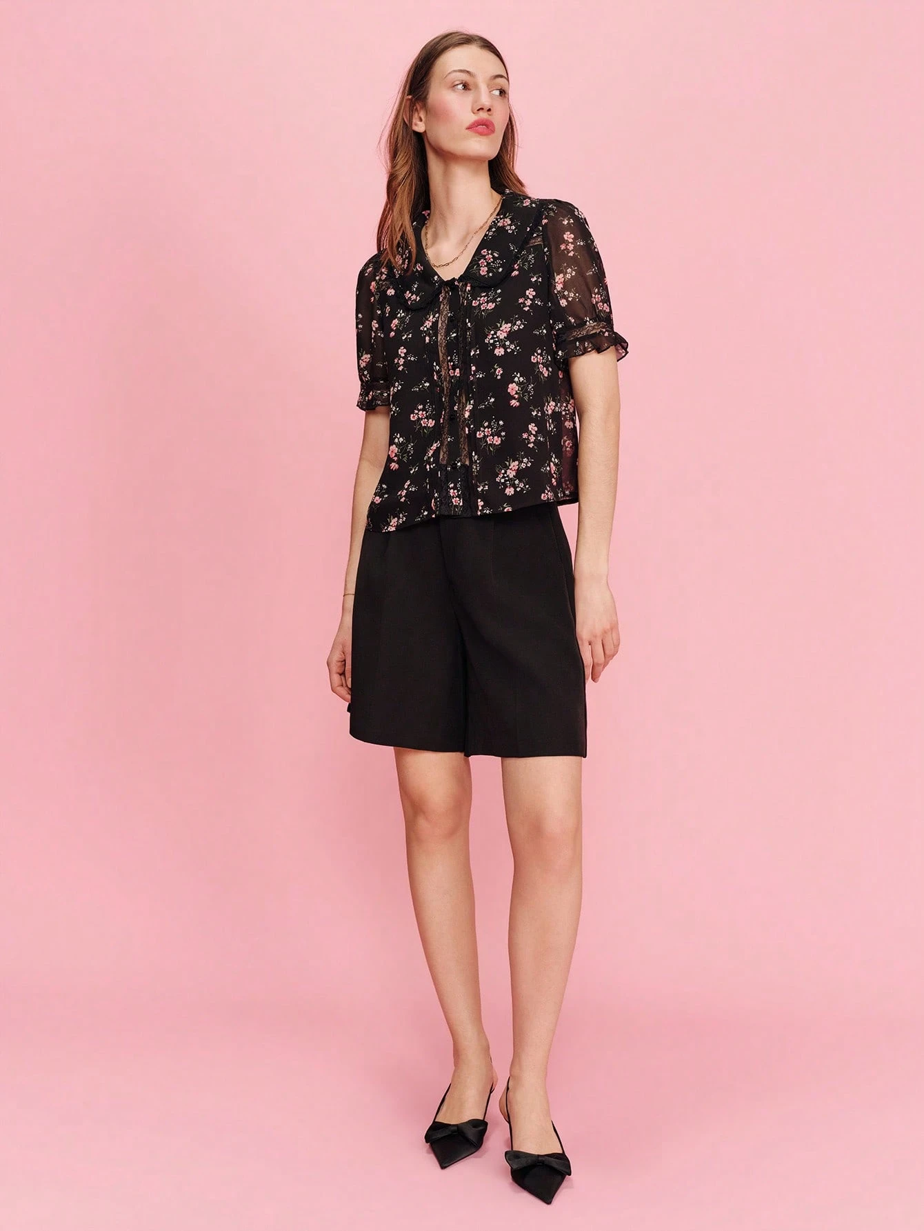 Black Floral Blouse With Short Sleeves, A Plunging Neckline And Lace Details Cute Chic Top Spring Summer Vacation Top Holdiay Top Going Out French Style Parisian Style