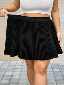 SHEIN CURVE+ 大码女式黑色百褶A级短裙 - 黑色 - 查看 8