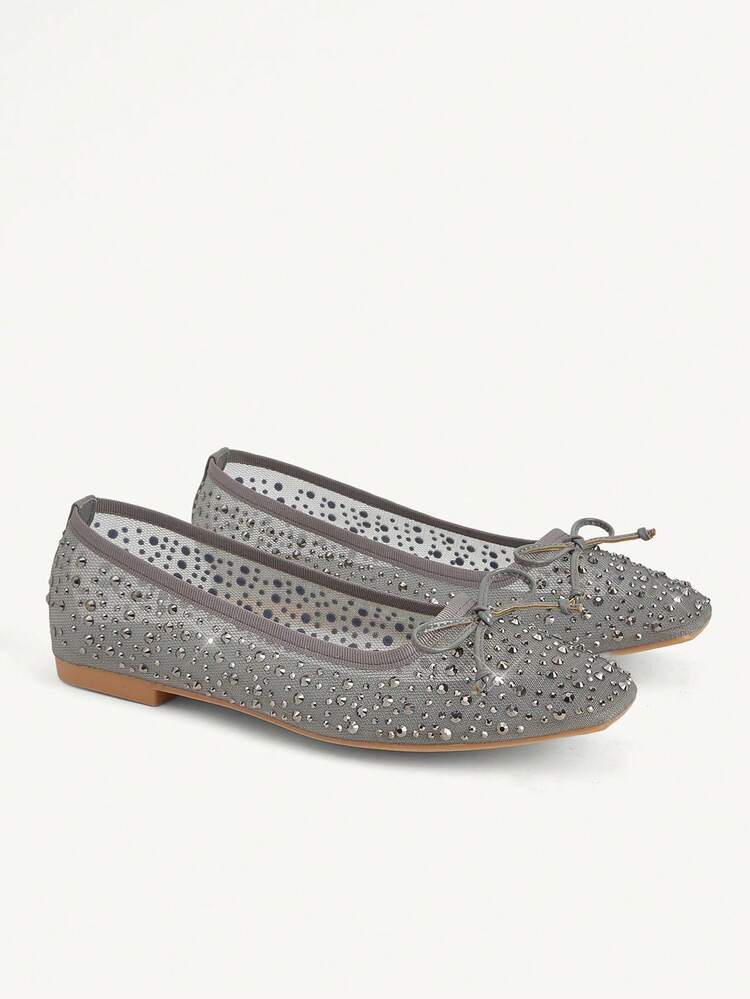 CUCCOO CHICEST Women Shoes Spring And Summer Fashion Gray Full Diamond Mesh Small Bow Women's Flat Shoes Elegant Comfortable Breathable Cute Sweet Flat Women's Shoes