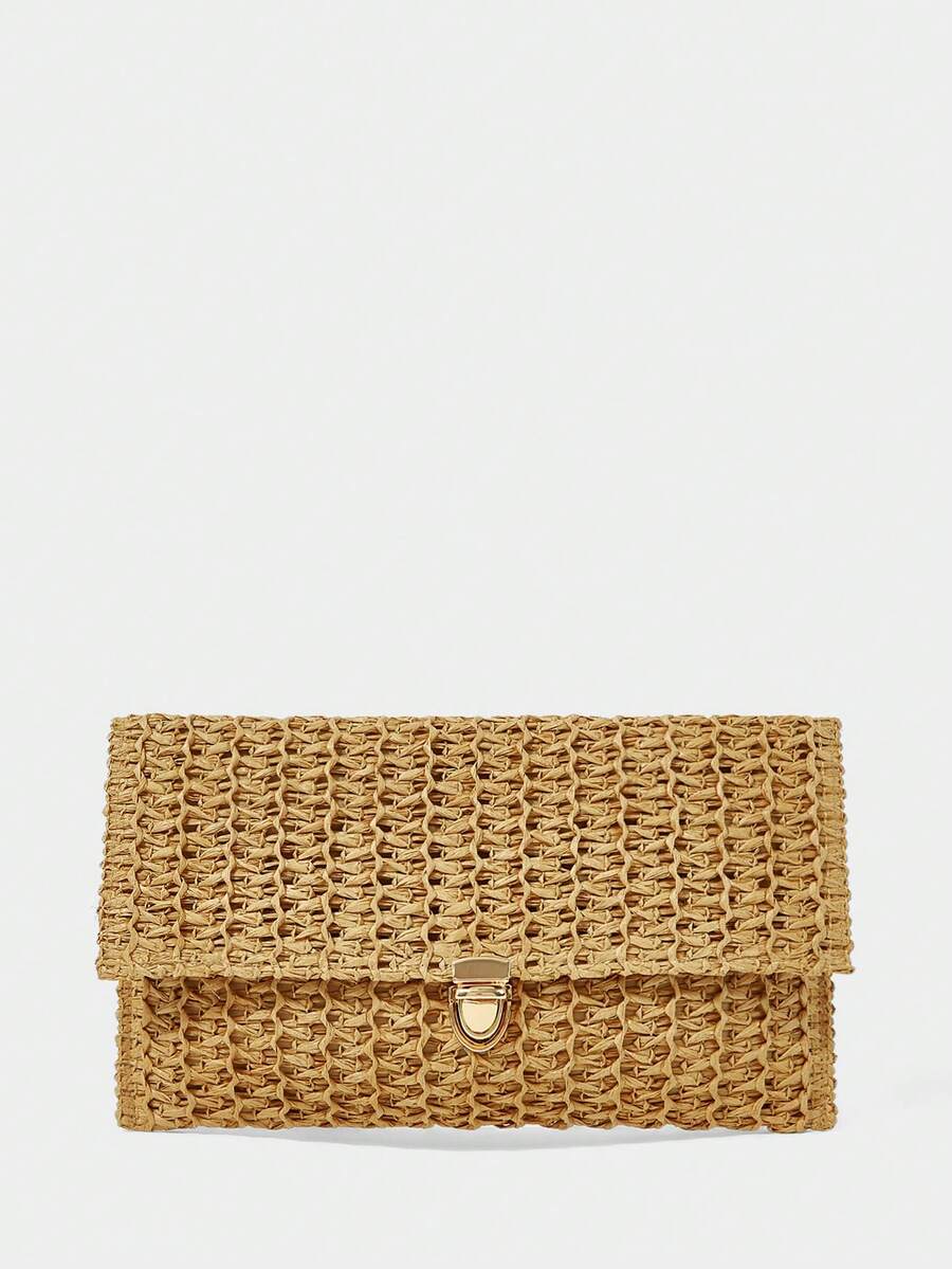 SHECARRY 女士手拿包、草编包、草编手提包、流苏包、时尚、优雅、简约、个性化、百搭，适合海滩、度假、假日、夏季、海边、沙滩派对 - 卡其色 - 查看 1