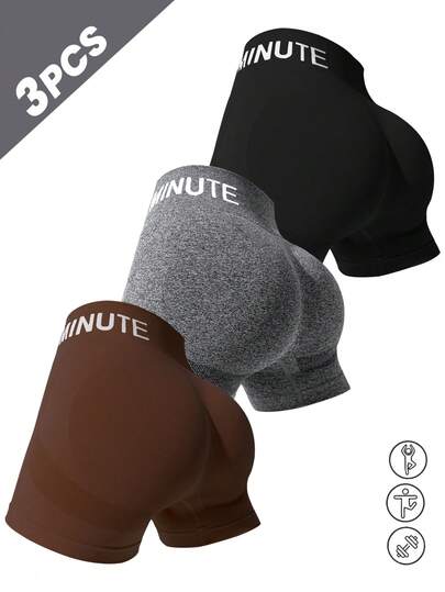 3 quần short yoga nữ màu trơn, cạp cao, thun co giãn, in chữ, màu đen, nâu đậm, xám nhạt, thích hợp cho chạy bộ, đạp xe, tập thể dục, thể thao ngoài trời thường ngày.