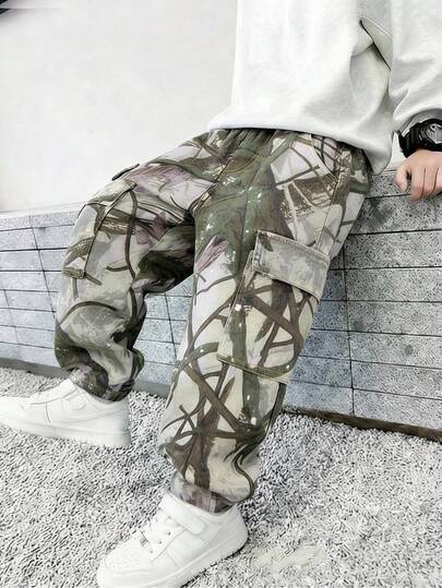 Pantalones vaqueros cargo de camuflaje lavados vintage para niños, pantalones vaqueros rectos sueltos casuales con múltiples bolsillos, adecuados para actividades al aire libre, la escuela, el transporte, el campamento, los festivales de música de verano