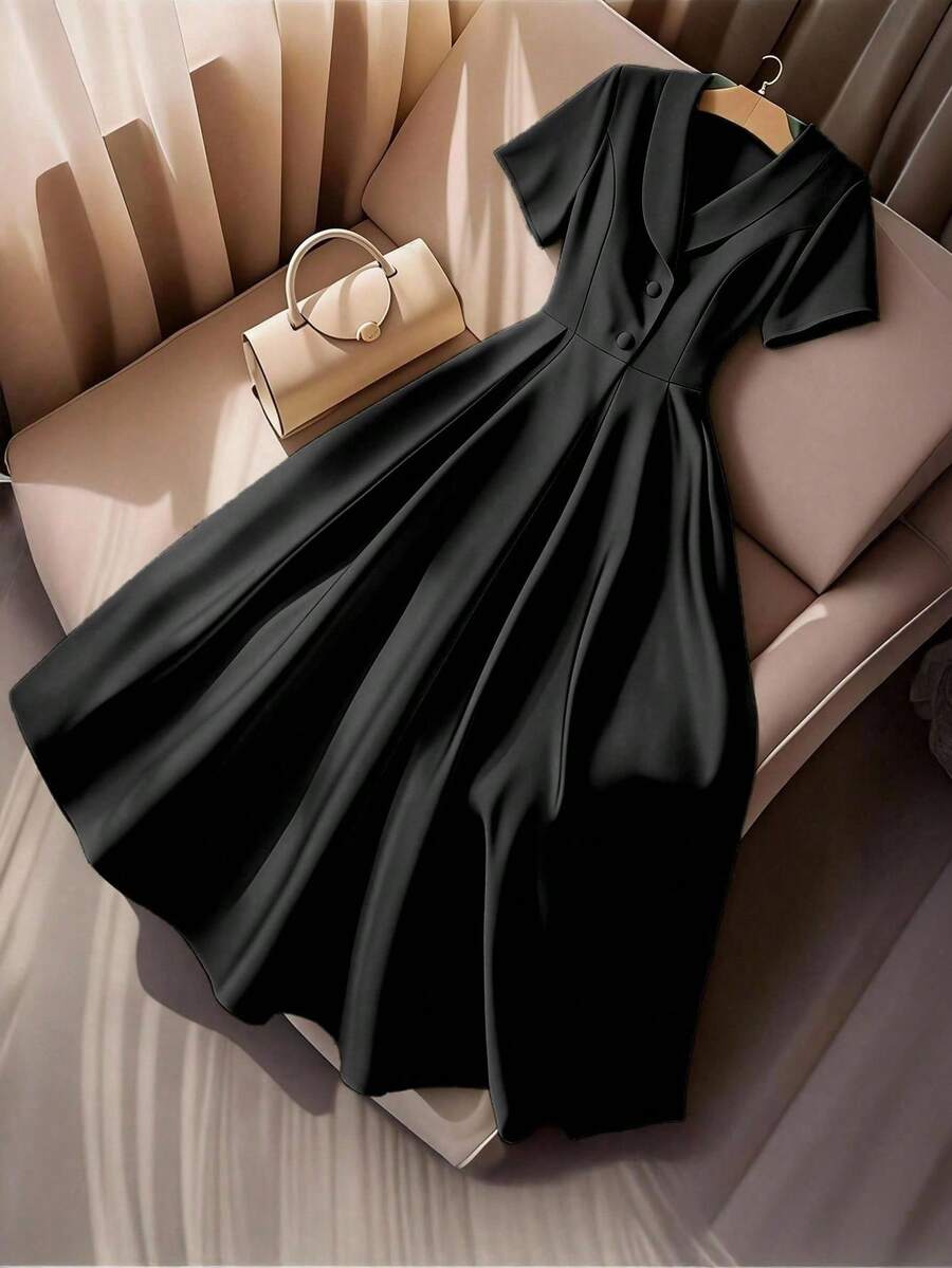 GlowEve CURVE 大码女士优雅无袖圆领纽扣装饰A字连衣裙，夏季通勤装，毕业典礼、节日、情人节、音乐节等场合皆宜 - 黑色 - 查看 1