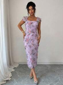 Elenzga Women's Elegant Romantic Mesh Printed Ruched Midi Dress, Suitable For Wedding Season, Party, Date, Casual Outing, Spring/Summer - Mauve Purple - View 6