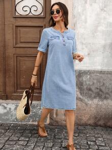 Breezaya Women's Summer Casual Vacation & Commute Notch Collar Flap Detail Short Sleeve Loose Denim Dress - Blue - View 3