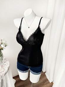 Sweetra Plus Size Women Lace Patchwork Camisole - Black - View 7