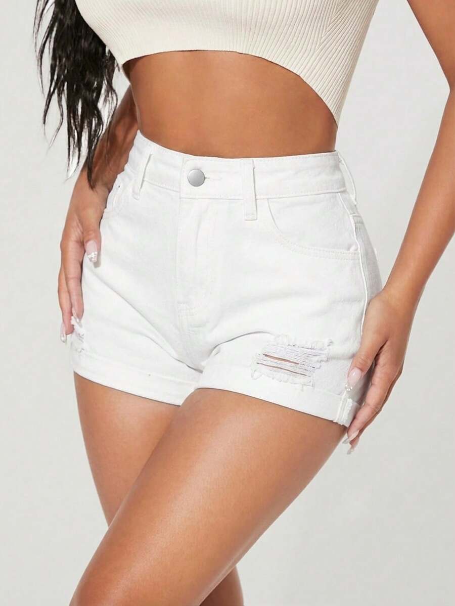 SHEIN PETITE 夏季休閒純色破洞修身牛仔短褲,適合嬌小女性 - 白色 - 查看 1
