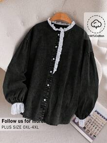 CosyJoli 大码女装秋冬衬衫、纽扣上衣、水洗牛仔衬衫、可爱蕾丝衬衫、休闲女装、女童服装、灯笼袖衬衫 - 黑色 - 查看 1