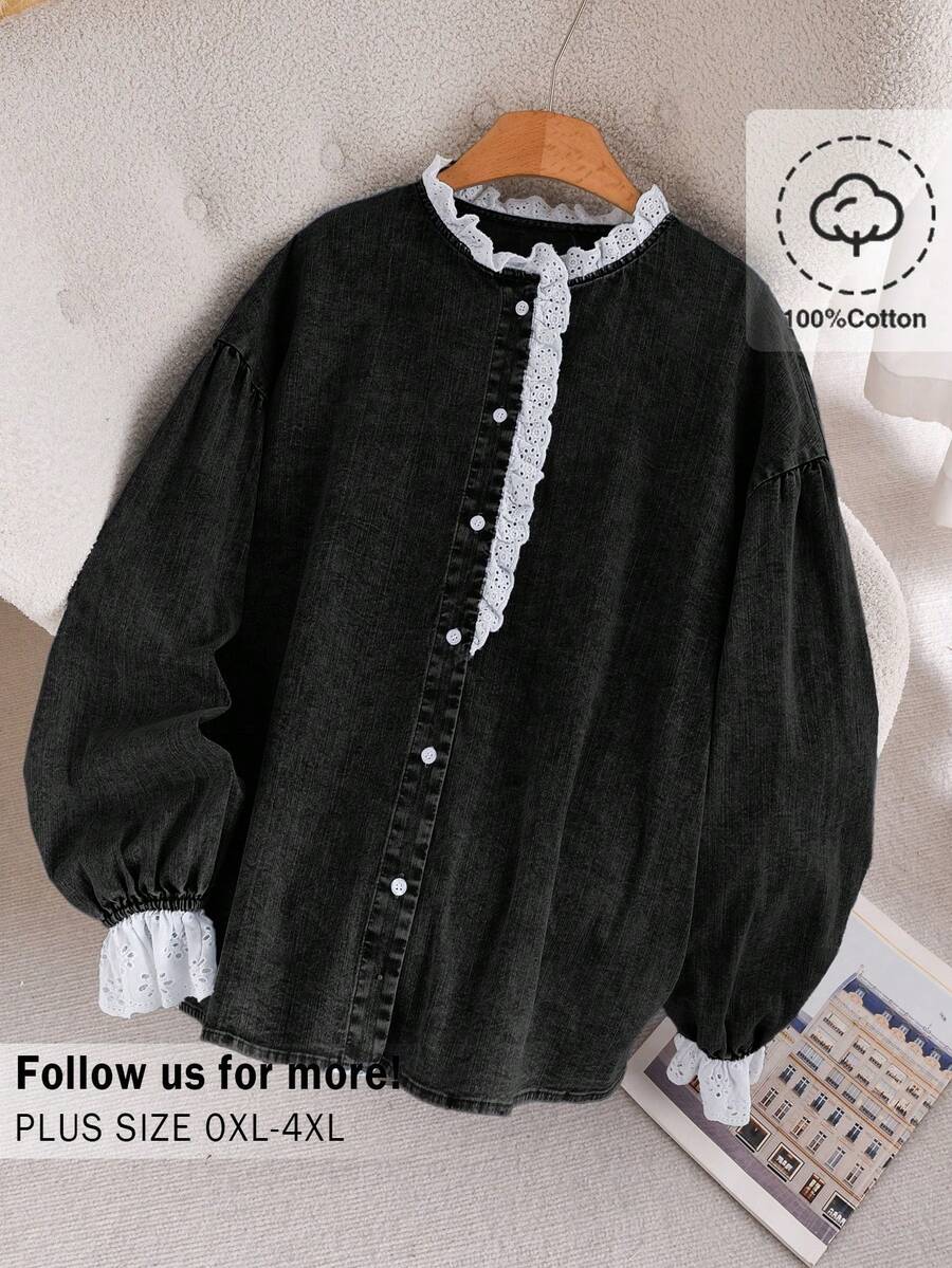 CosyJoli 大码女装秋冬衬衫、纽扣上衣、水洗牛仔衬衫、可爱蕾丝衬衫、休闲女装、女童服装、灯笼袖衬衫 - 黑色 - 查看 1