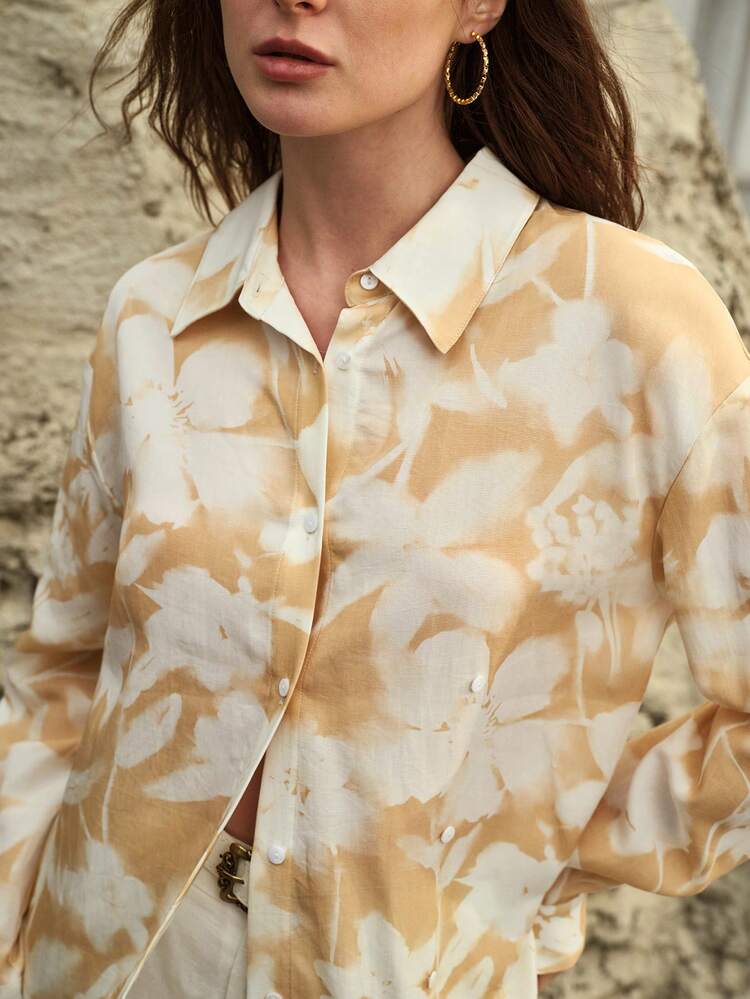 WOMEN'S LINEN PRINTED OBLIQUE PLACKET SHIRT