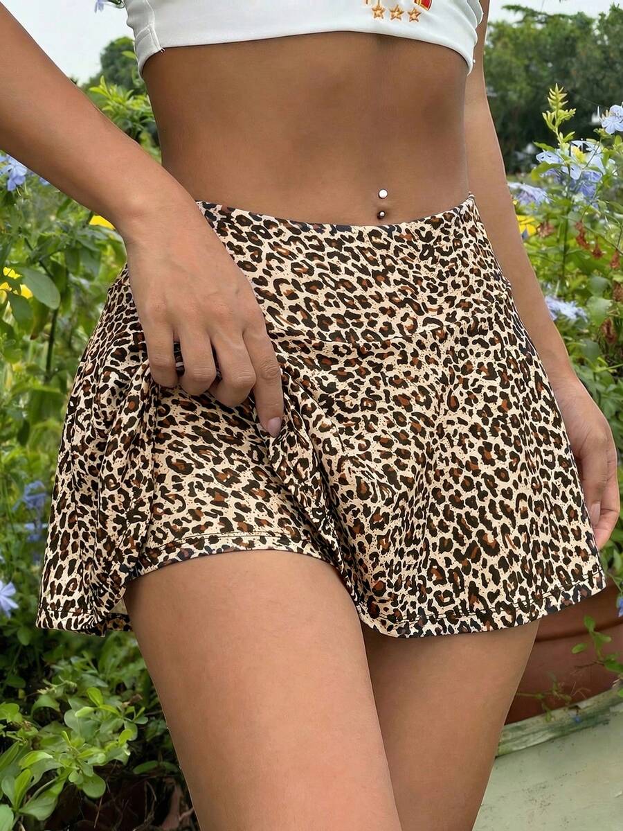 SHEIN EZwear 女款夏季豹紋裙褲,休閒豹紋動物印花迷你裙褲,適合度假 - 彩色 - 查看 1