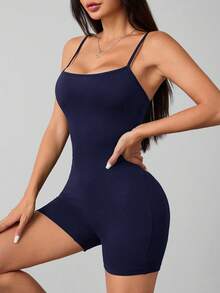 SHEIN PETITE 休閒簡約純色細肩帶連身褲，適合夏季，緊身女款，適合嬌小女性 - 藏蓝色 - 查看 5