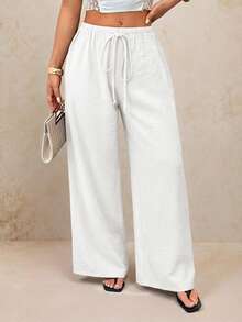 SHEIN PETITE 春夏女装浪漫/舞会/正式/生日/90年代风格/商务休闲/优雅/西式/外出/时尚/休闲/Y2K风格/夜店/办公室/鸡尾酒会/复古/紧身/锐舞派对/音乐节/趣味/优雅/老钱/街头风/度假装/乡村音乐会/工作装/端庄/春假/单身派对/演唱会/酷炫/基础款/毕业/低腰/宽松/直筒/阔腿/裤子 - 白色 - 查看 3