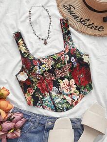 SHEIN VCAY Plus Size Women Floral Print Slimming Versatile Cropped Top, Suitable For Dates And Outings - Black - View 1