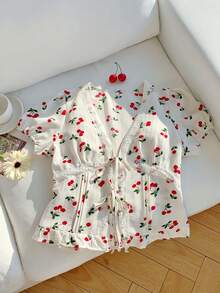 CovetEZ Women's Summer Casual Cherry Print Shirt With Ruffle Hem - White - View 5