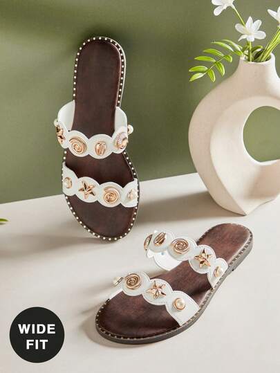 SHUZIA Dép xăng đan đế bằng dáng rộng, tối giản, thoải mái dành cho nữ, có quai kép và trang trí kim loại.