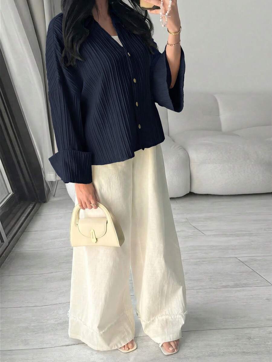 Modelyn Camisa de manga larga de unicolor minimalista para mujer, uso casual de todos los días - Azul Marino - Ver 1