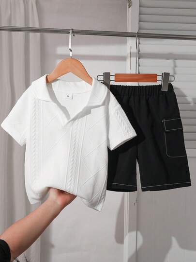 2pcs/Set Boys & Teens Textured Mandarin Collar Shirt And Solid Color Casual Shorts, Comfortable & Fashionable For Commuting And Leisure