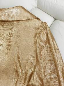 Franclia 优雅收腰交叉领长袖侧隐形拉链天鹅绒金色面料女式衬衫，秋冬 - 金色 - 查看 7