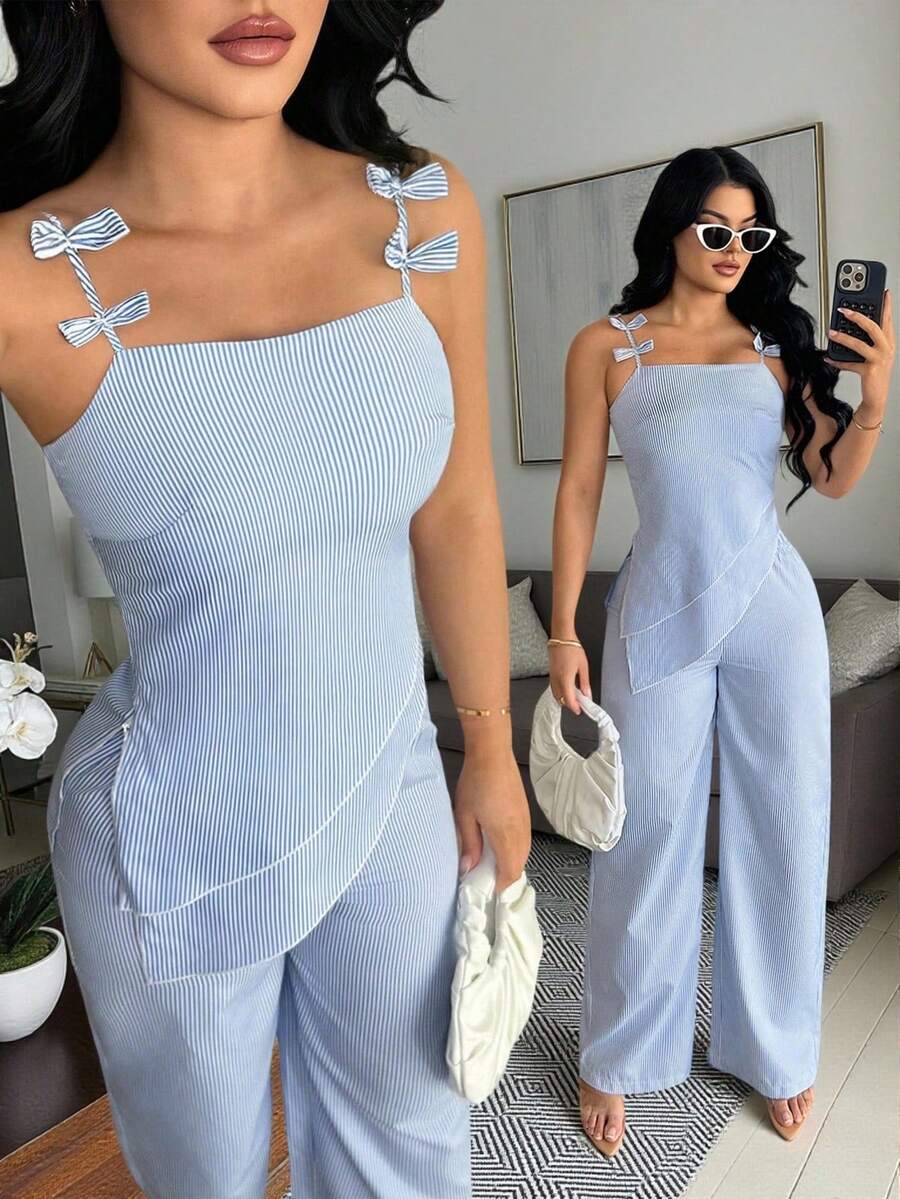 Vavine Blue & White Striped Casual Bow Tie Neck Asymmetric Hem Blouse And Straight Leg Casual Pants Women 2 Piece Set - Blue - View 1