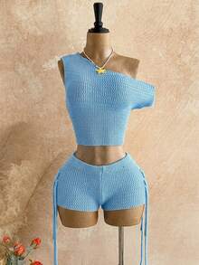 Soleia Women's Summer Beach Vacation Solid Color Asymmetrical Collar Fitted Cropped Knit Top And Fringe Shorts 2 Pieces Set - Blue - View 3