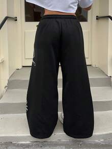Muchica Plus Size Women Letter Rhinestone Graphic Casual Versatile Daily Wear Wide Leg Pants - Black - View 2