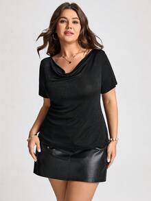Comfylo Blusa de moda con cuello en V y mangas cortas, con encaje en contraste para mujer de talla grande - Negro - Ver 4