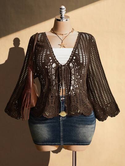SHEIN ICON Women's Plus Size Spring/Summer Retro Sexy Millennial Style Y2K Beach Vacation Bohemian Music Festival Outfit Brown Hand-Crocheted V-Neck Front Tie-Up Knit Top