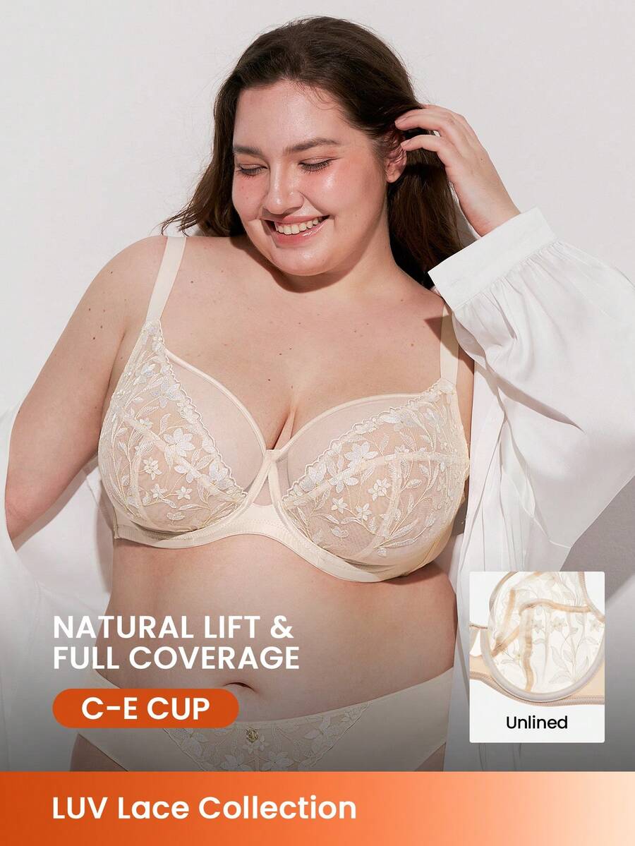 LUVLETTE 加大码全罩杯透气无衬里刺绣蕾丝金色米色网纱蕾丝文胸显瘦文胸婚纱文胸
