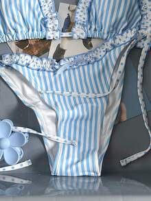 Swim Mod Bộ bikini 2 món họa tiết chấm bi ngẫu nhiên, trang trí nơ, kiểu áo ngực tam giác buộc dây cổ và quần bơi buộc dây bên hông, gợi cảm, thích hợp cho kỳ nghỉ hè/xuân ở bãi biển. - Xanh và trắng - Xem 7