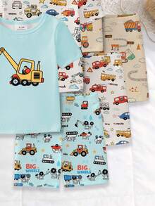 SHEIN [2 Sets Random] Baby Boy Snug Fit Pajamas Short Sleeve & Shorts Summer Light Blue & Cream Cartoon Truck Vehicle Print Soft Lightweight Knit - Multicolor - View 4