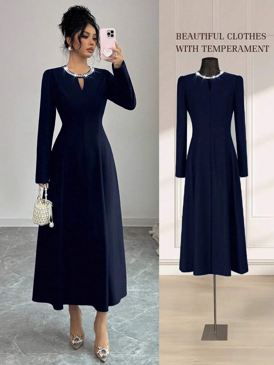 SHEIN Raffinéa Đầm dạ hội dài tay sang trọng màu đen đính đá lấp lánh, cổ tròn, thắt eo, dành cho nữ, kiểu dáng thu đông mới, dài đến đầu gối. - Màu xanh hải quân - Xem 1