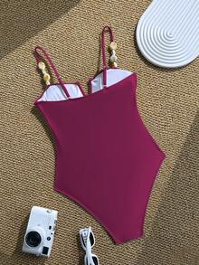 Swim Chiccia 女士春夏沙滩度假优雅复古风细肩带纯色不规则串珠装饰褶皱抹胸V领修身连体泳衣 - 酒紅色 - 查看 6