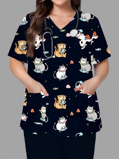 PopScrub Plus Size Women V-Neck Double Pocket Cartoon Print Short Sleeve Scrub Top