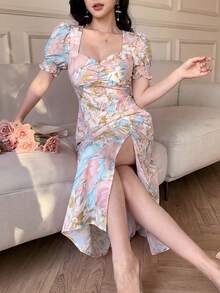 Celisse 女士扎染印花褶皱胸部开衩下摆中长连衣裙，度假款 - 粉色 - 查看 3